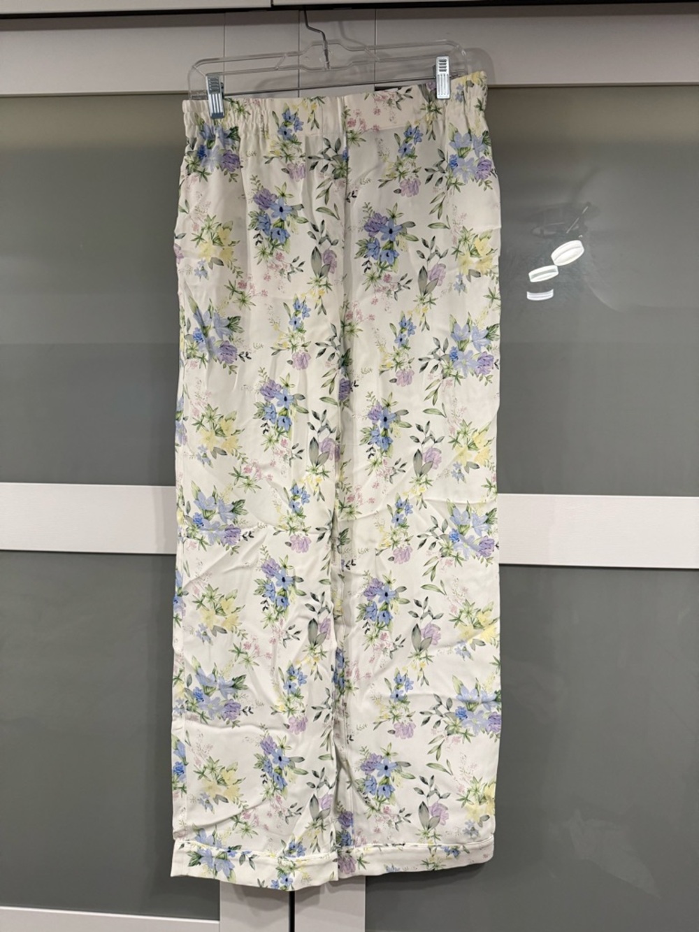 Floral Wide-Leg Pants - Cream with Blue & Green Flowers